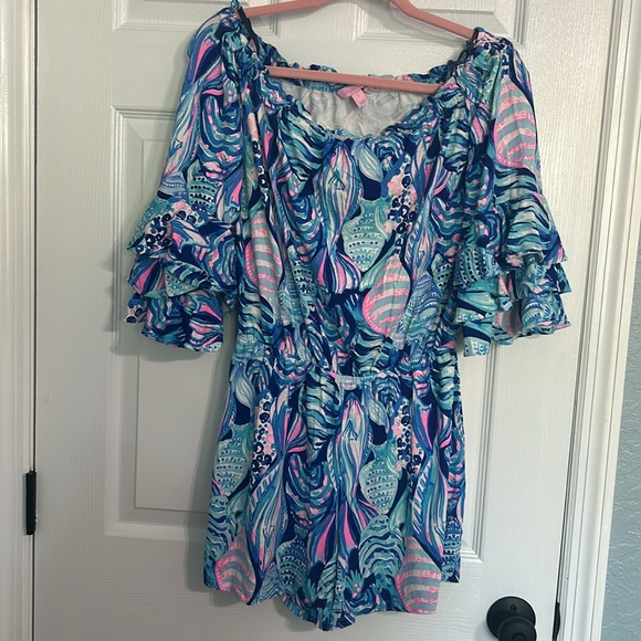 Lilly Pulitzer Calla Off the Shoulder Romper in Twilight Blue Scale Up - Picture 3 of 17